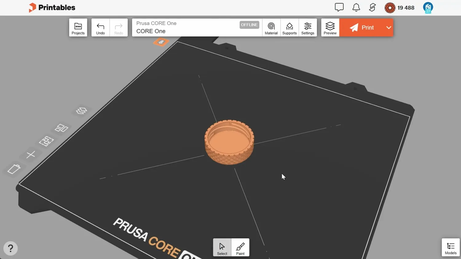 The Printables browser slicer with a model placed on a virtual CORE One build plate
