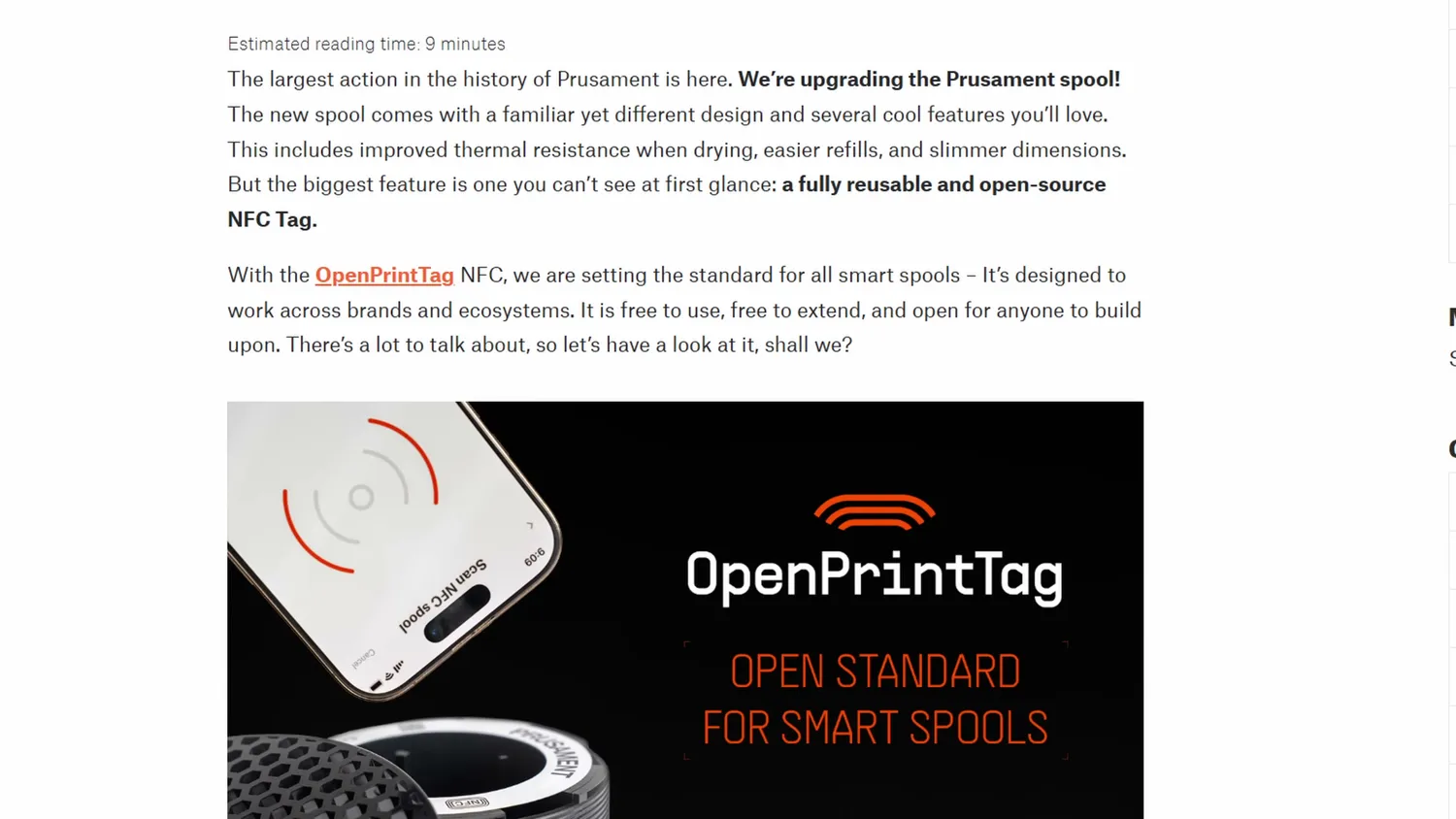 The Prusament blog post announcing OpenPrintTag as an open standard for smart spools