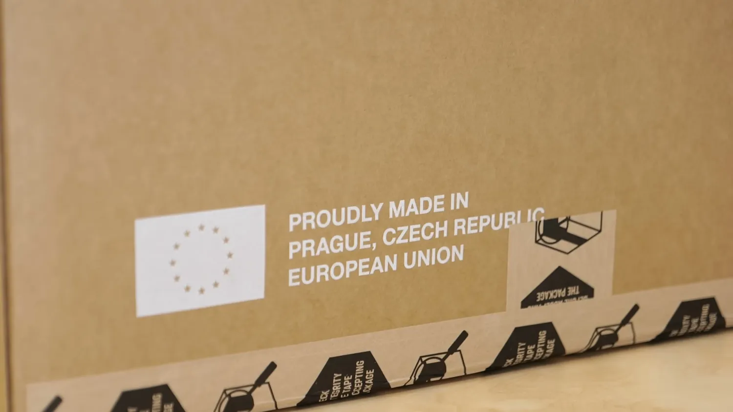 The shipping carton printed with "Proudly made in Prague, Czech Republic, European Union"