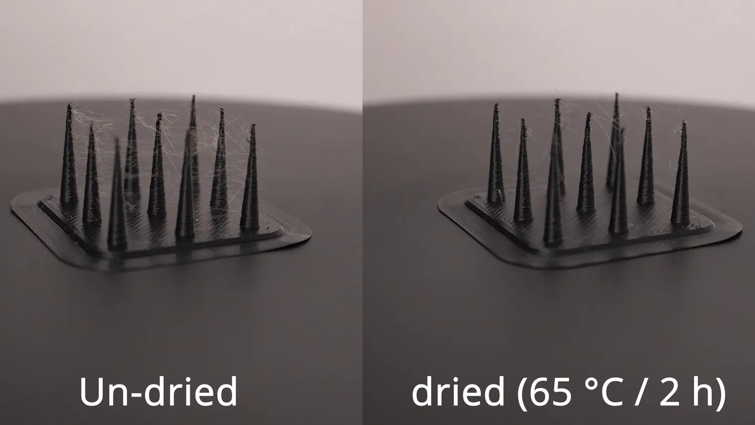 The stringing test un-dried against dried at 65 °C, with slightly fewer hairs on the dried one