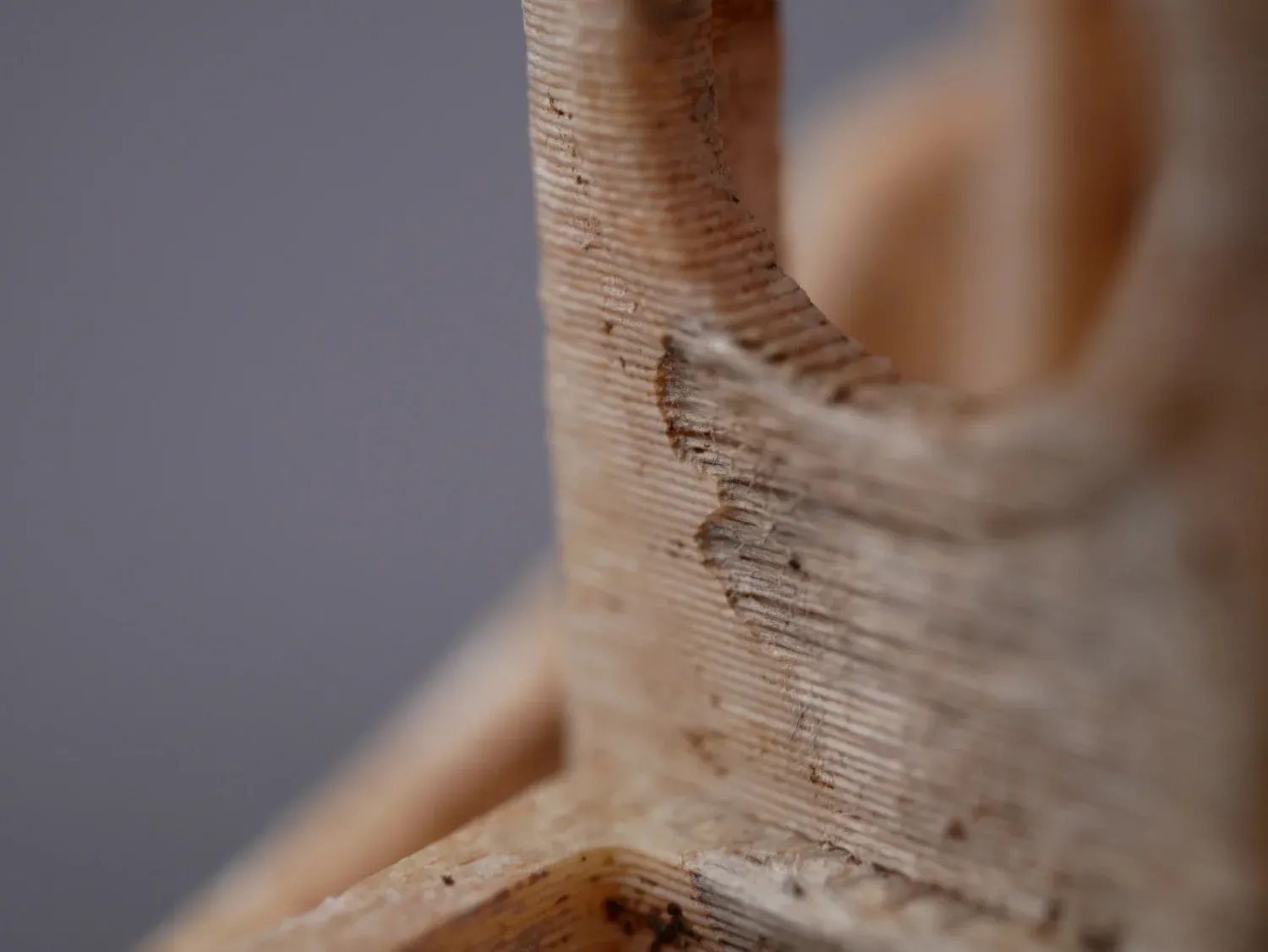 The cabin wall of the same print, layers frayed and pitted where material has degraded away