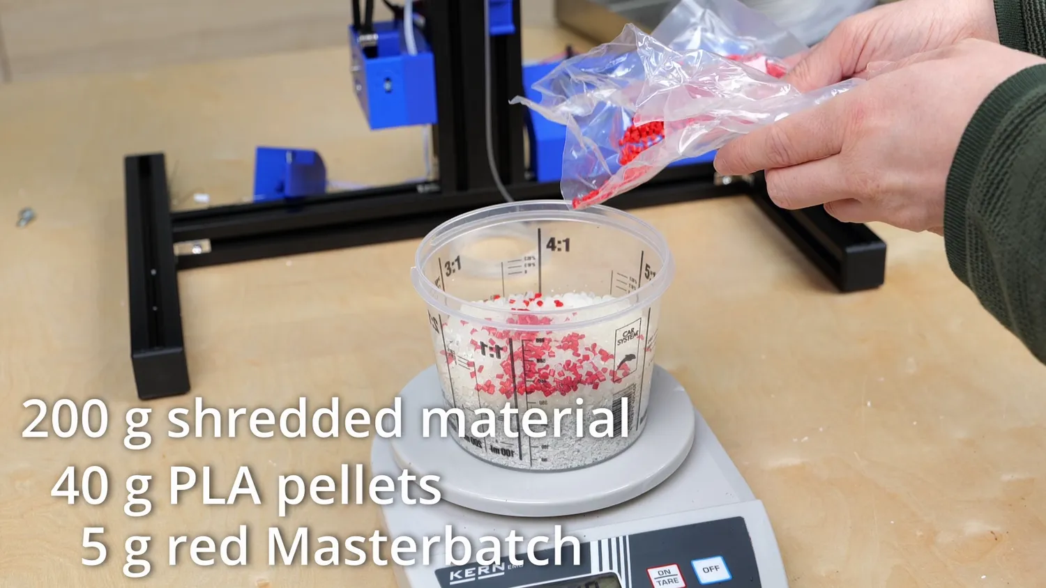  Shredded material with 20% fresh PLA pellets and 2% Masterbatch 