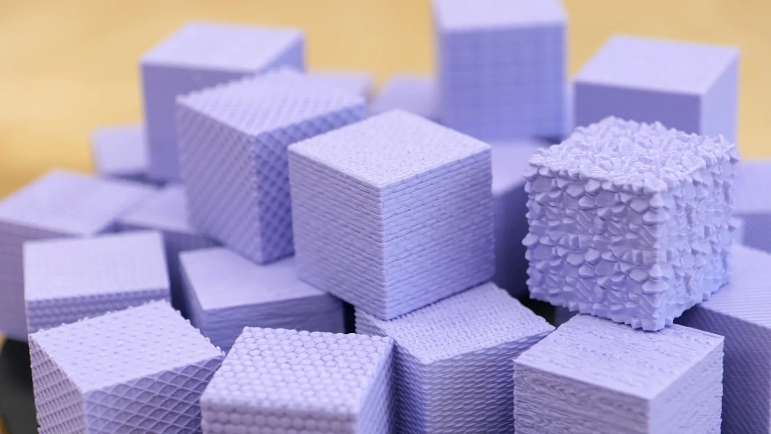 3D printed test cubes with different surface textures applied