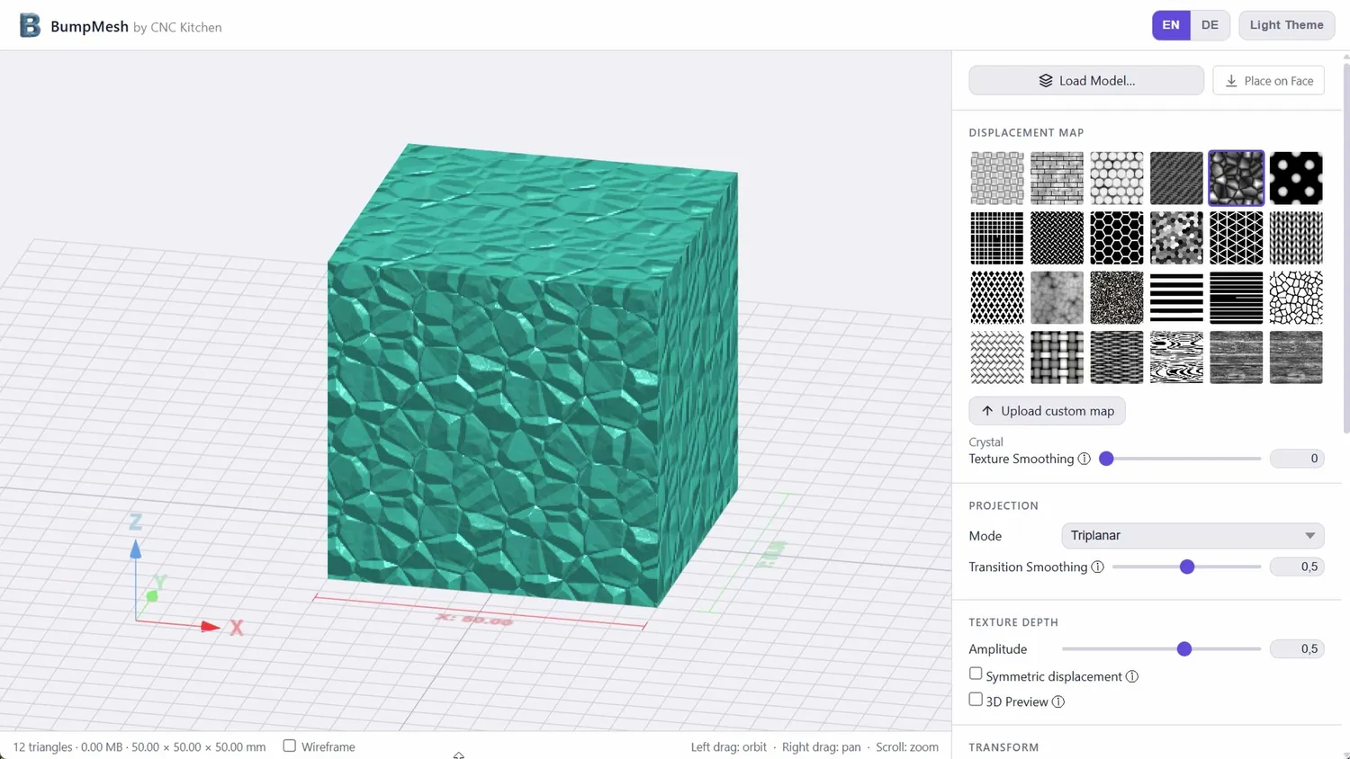 The BumpMesh interface with a crystal textured cube in the preview window