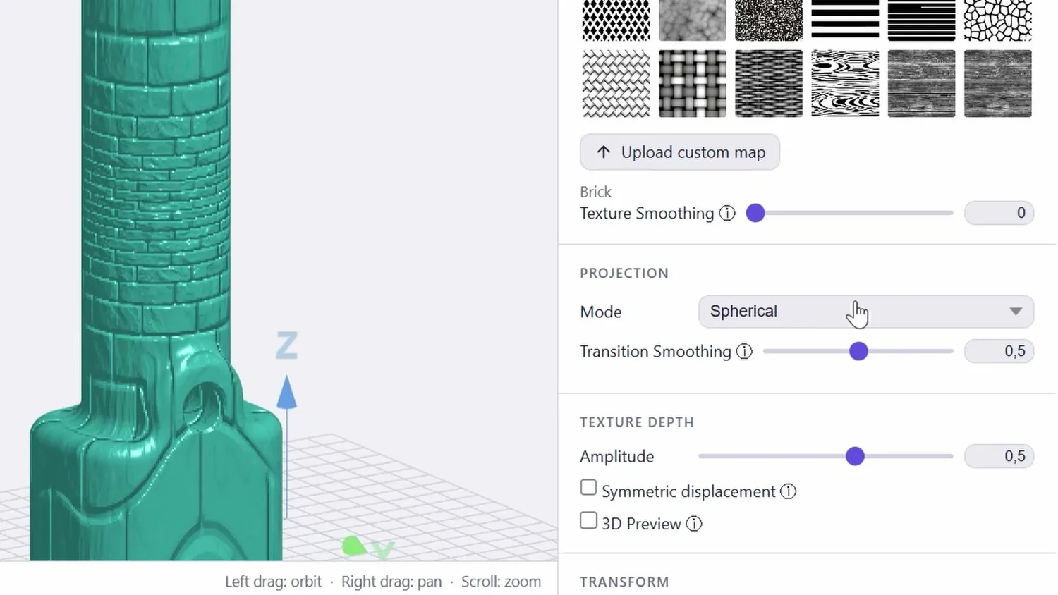 Brick texture on a cylindrical part with the projection mode set to spherical