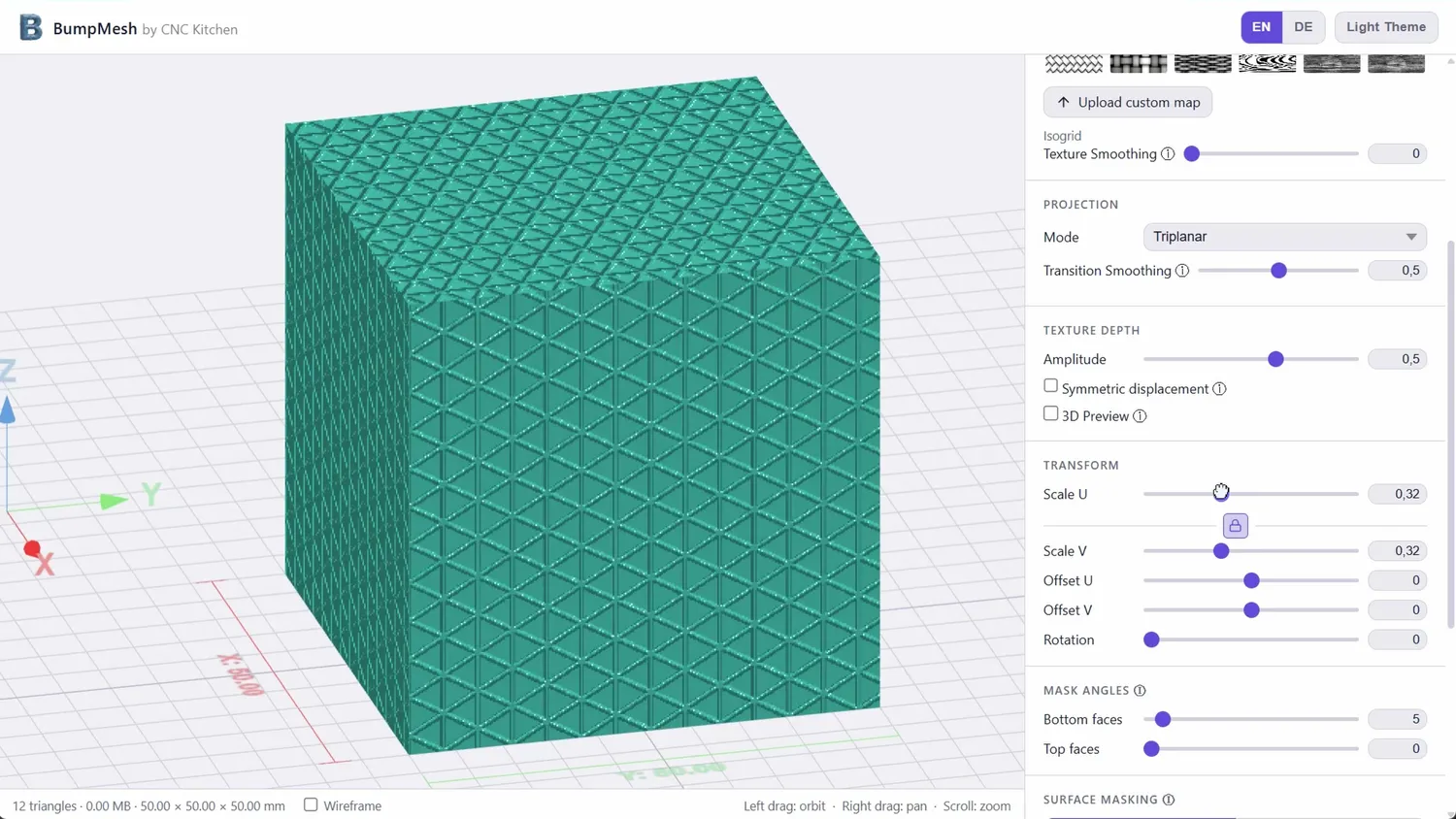 Isogrid texture on a cube with the scale slider in the transform section