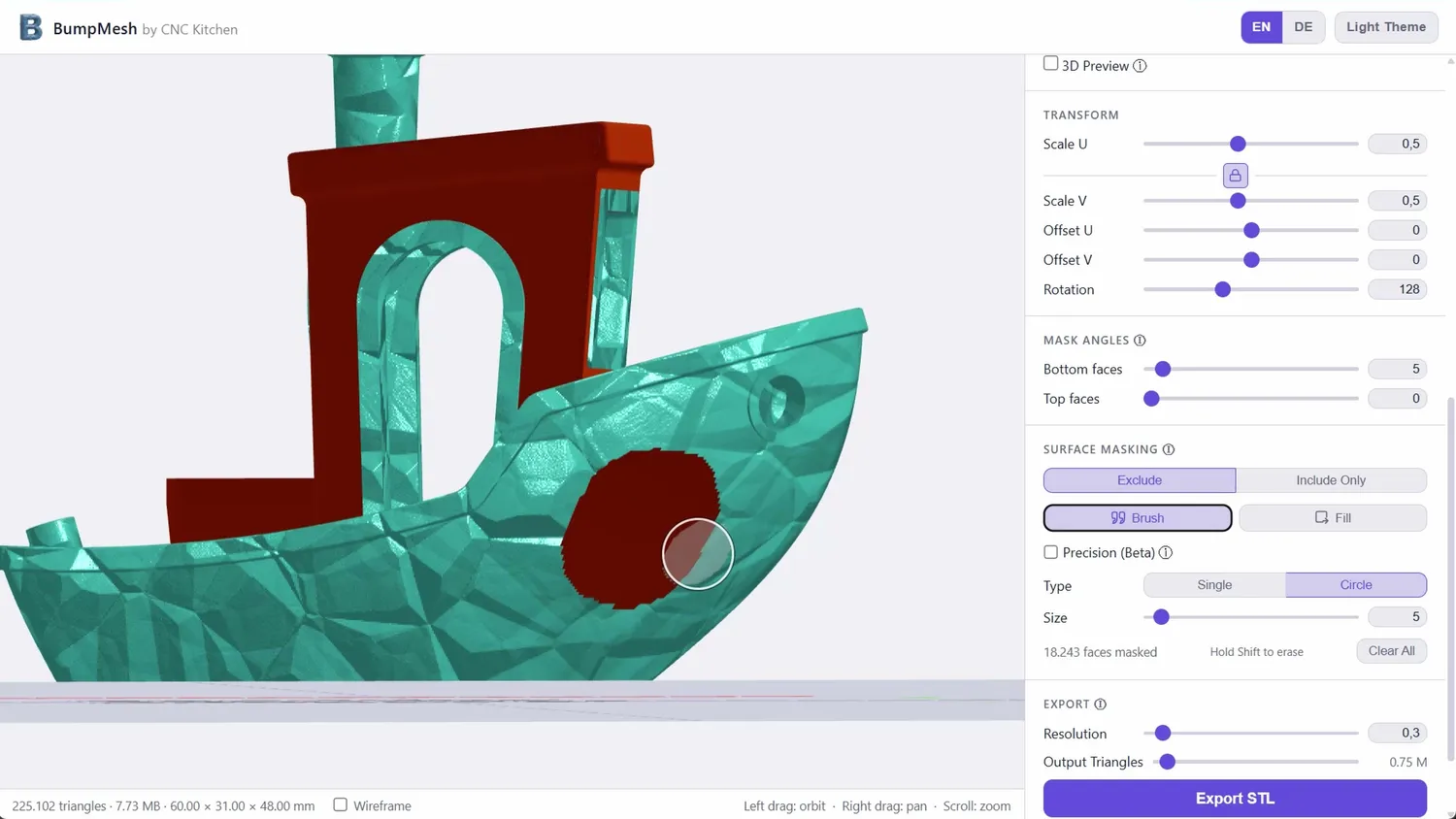 Brush painting a surface mask onto a 3DBenchy in BumpMesh