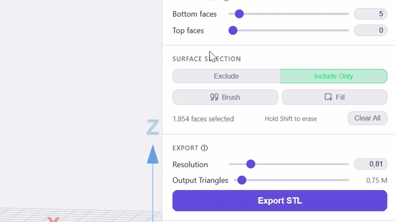 Export panel showing the resolution and output triangle sliders