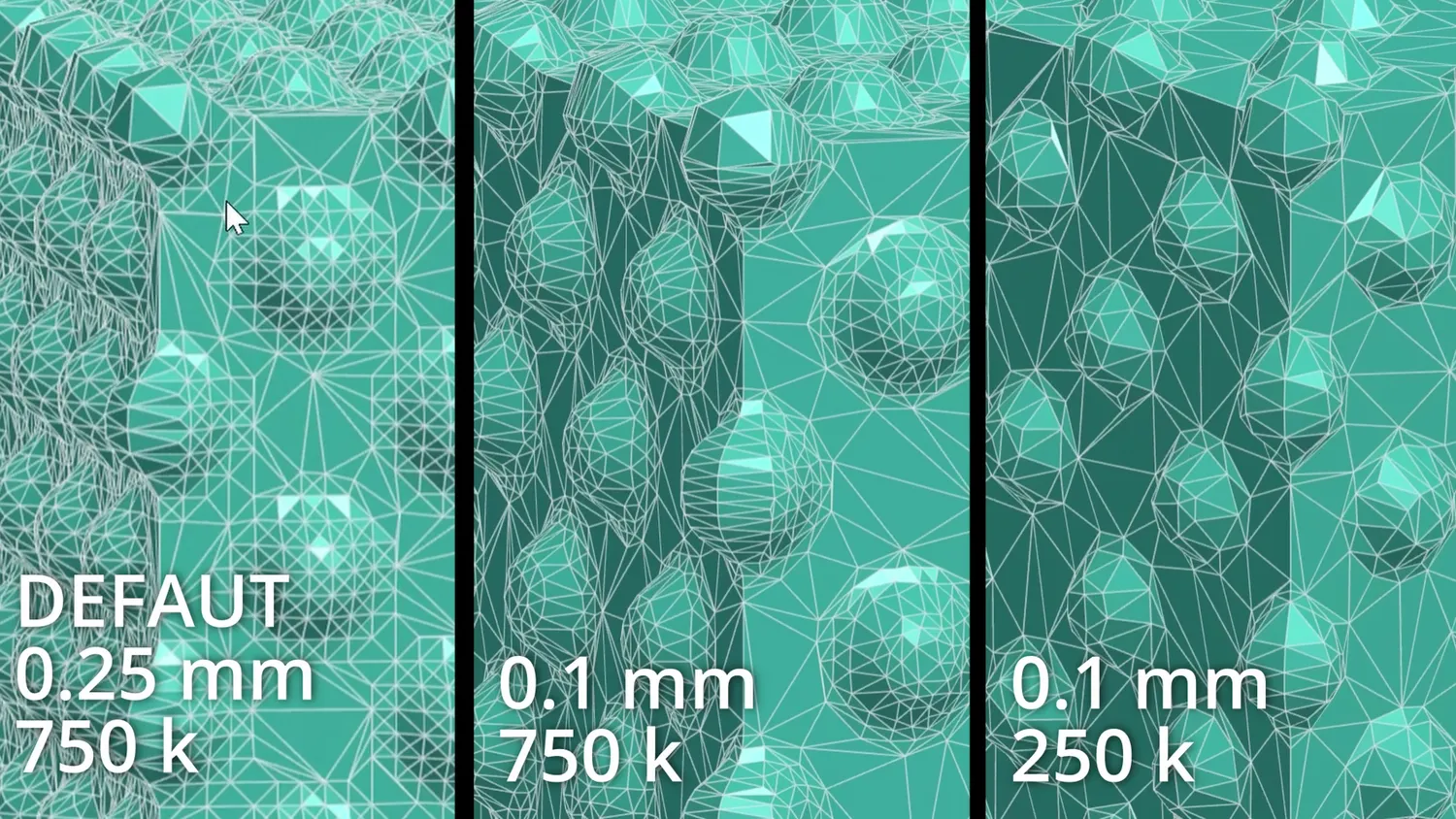 Wireframe comparison of 0.25 mm and 0.1 mm resolution at 750k and 250k triangles