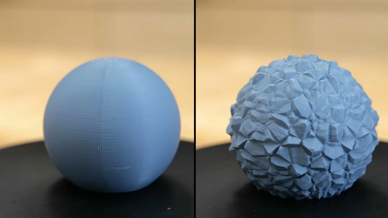 Two 3D printed spheres, one plain and one with a crystal texture