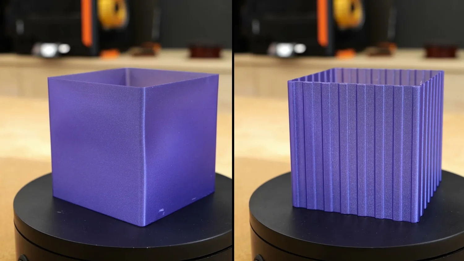 Two vase mode prints, one plain and one with circumferential stripes