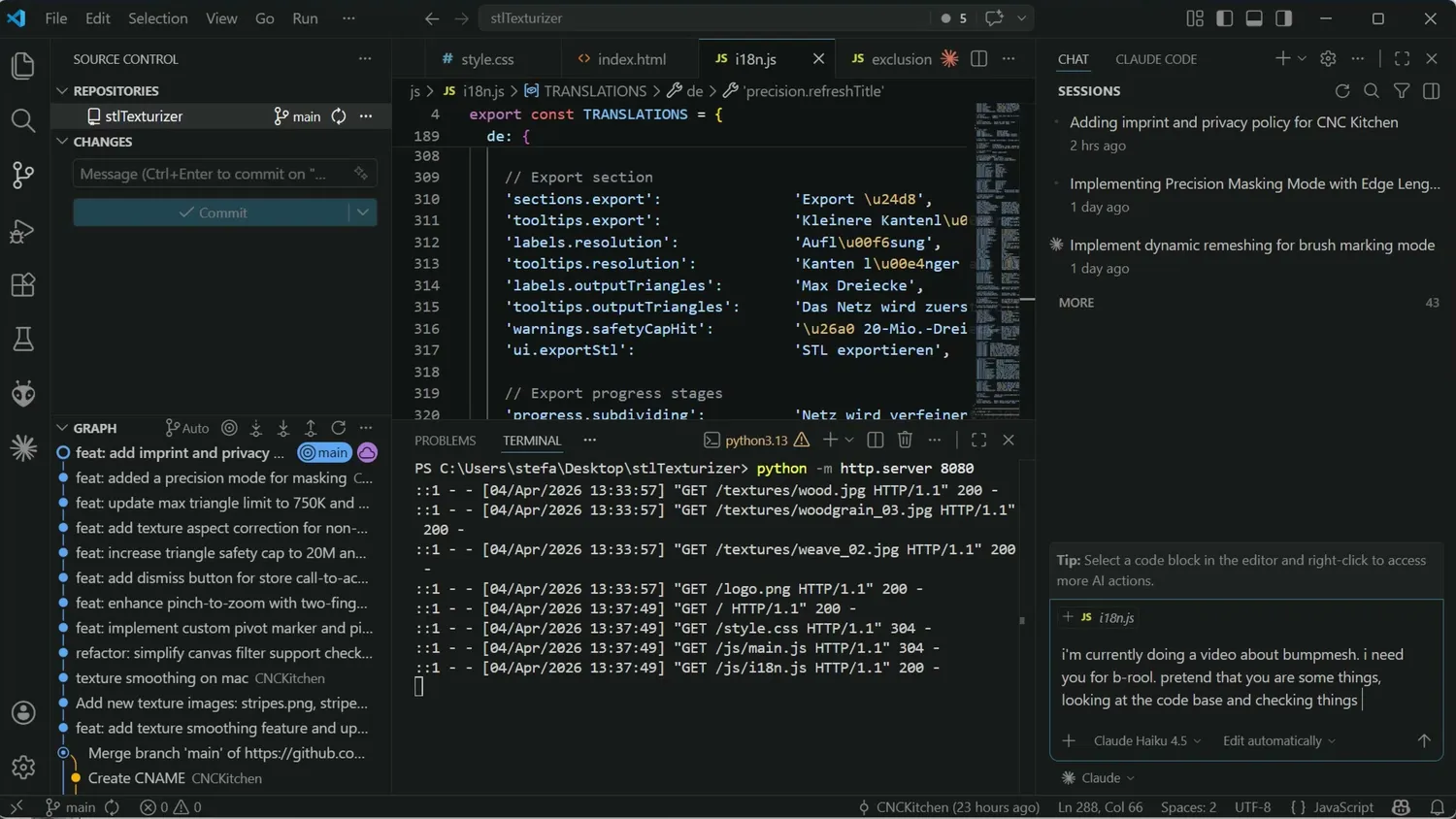 The BumpMesh codebase open in VS Code next to an AI chat panel