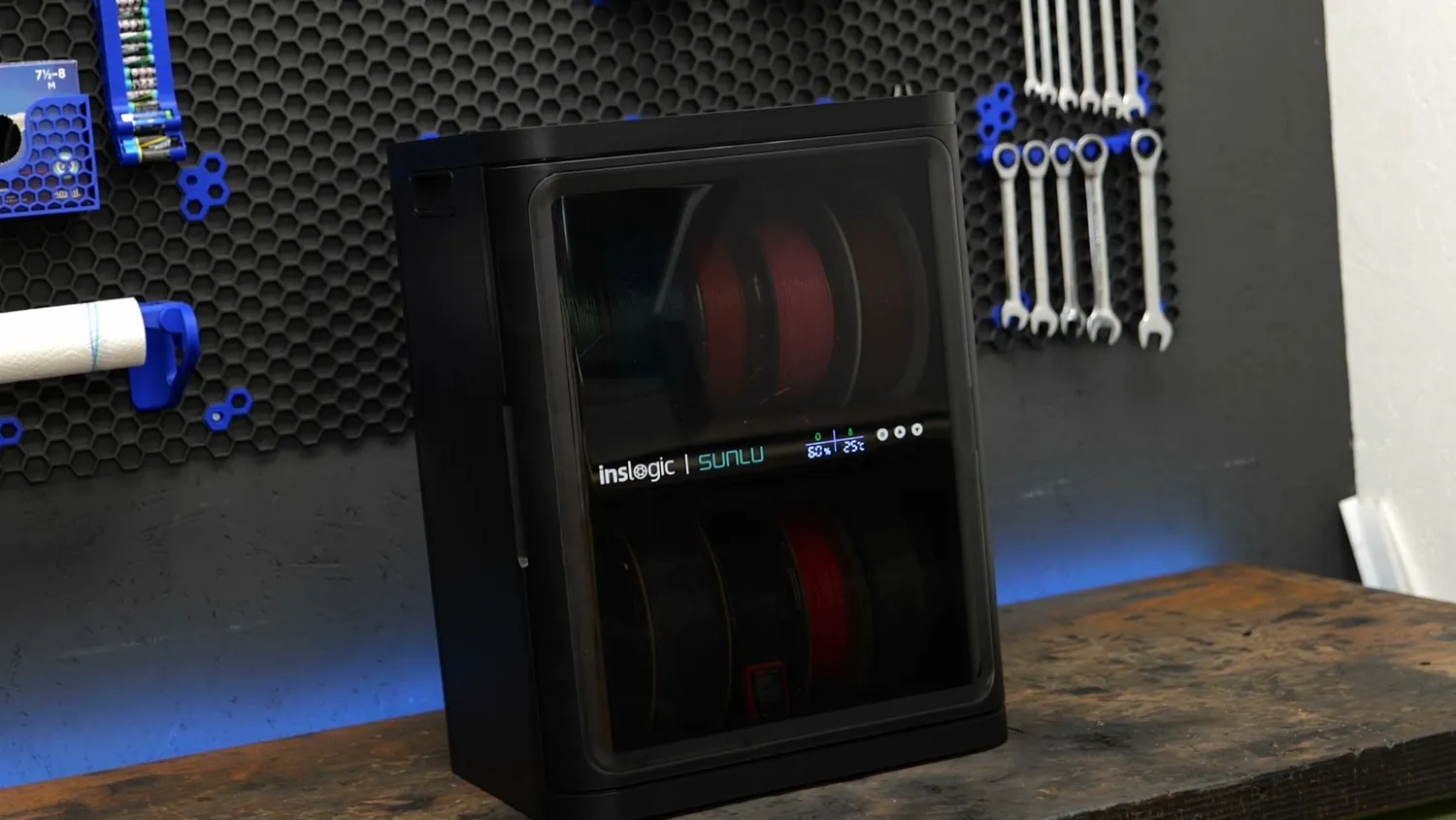 The SUNLU FilaDC i10 filament cabinet on my workbench