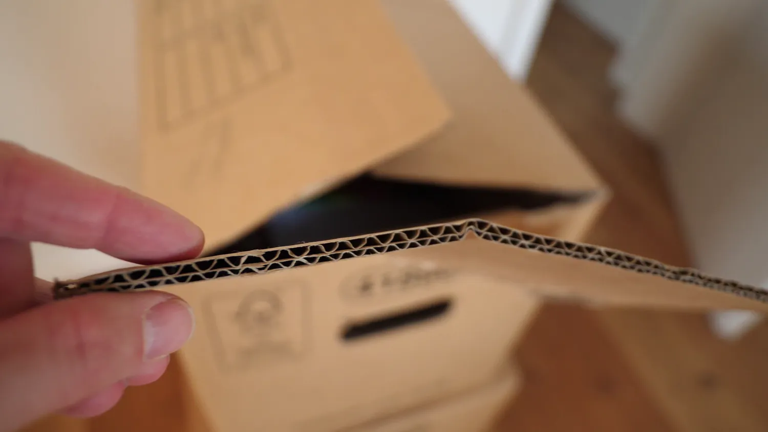 Cut edge of corrugated cardboard, showing the fluted core between two liners
