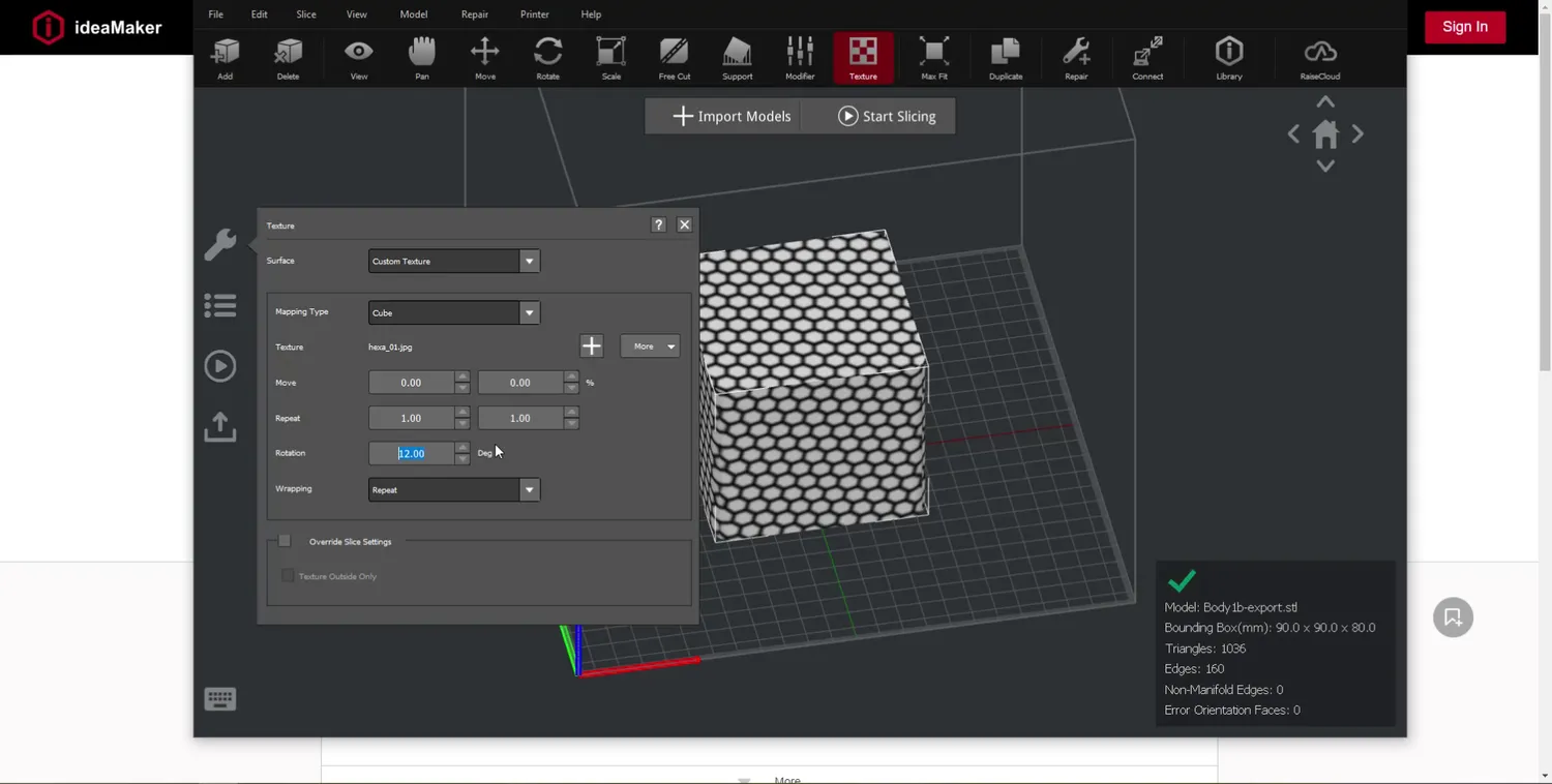 The ideaMaker texture dialog, wrapping a hex pattern around a cube