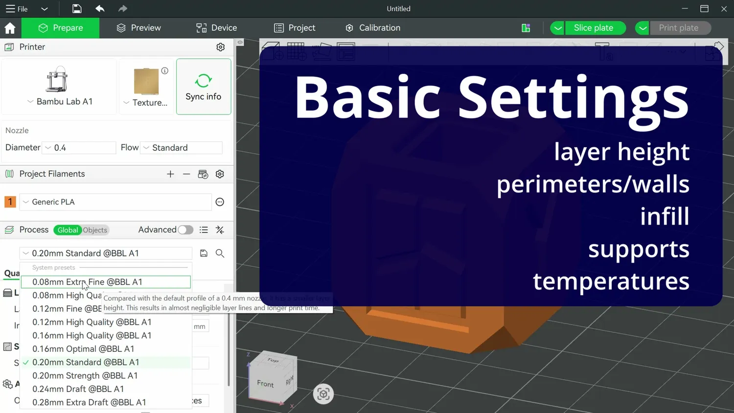 Basic slicer settings: layer height, perimeters and walls, infill, supports, temperatures