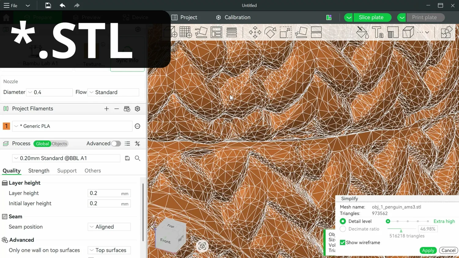STL model shown as a wireframe of thousands of triangles in the slicer