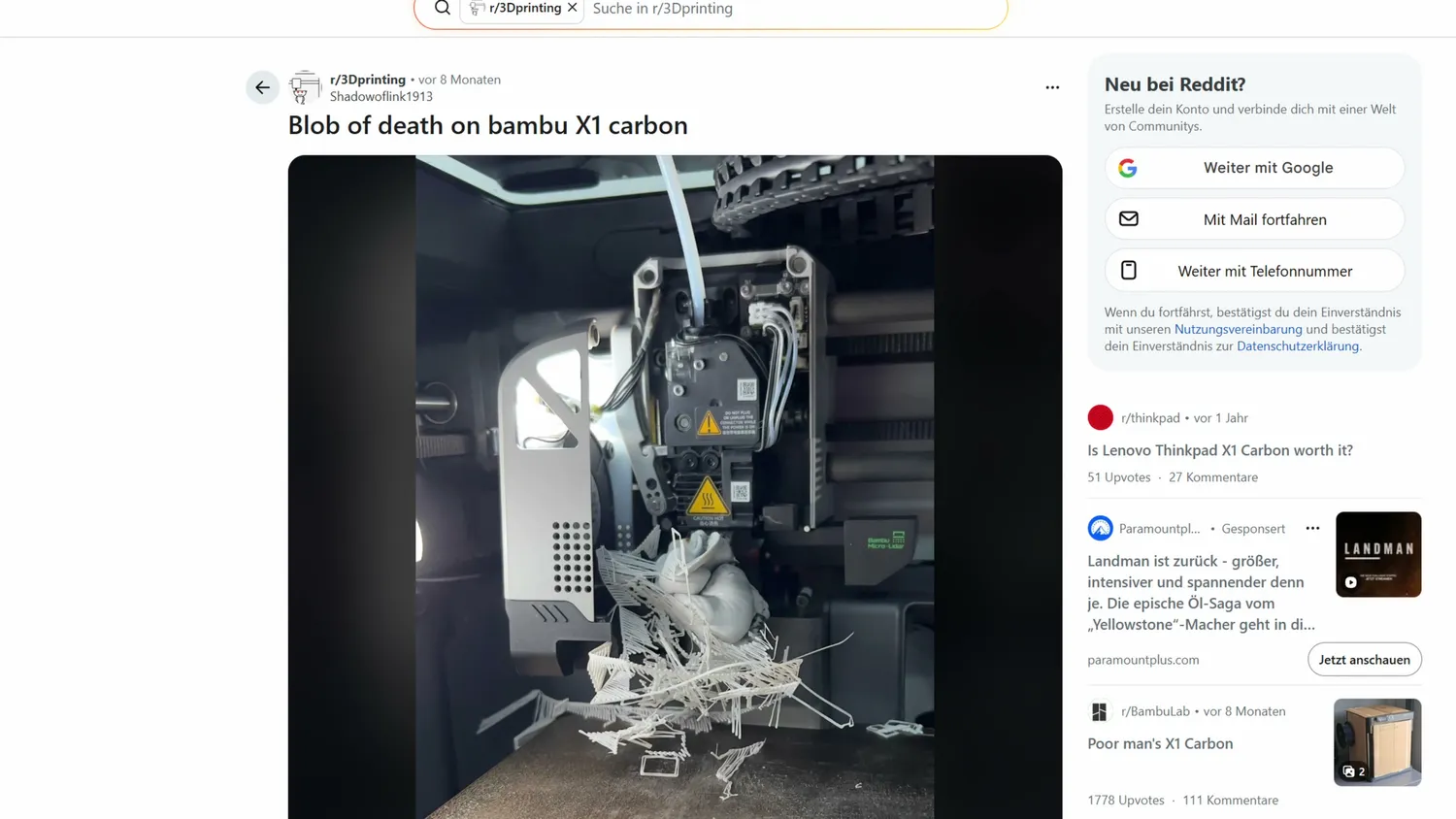 Reddit post showing a large blob of death around a 3D printer hotend