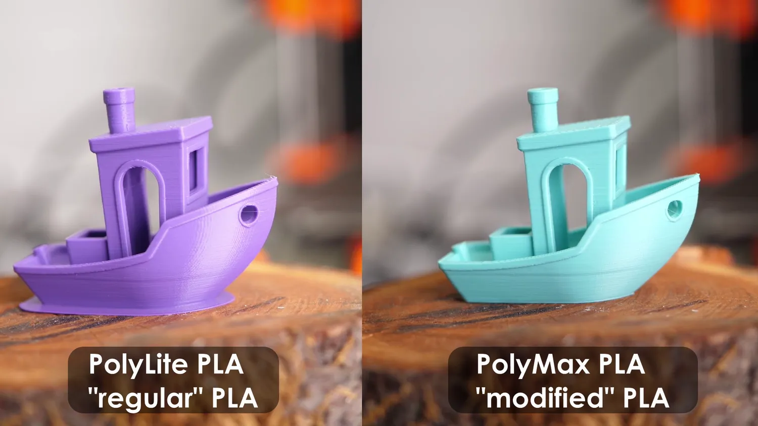 3DBenchy in purple PolyLite regular PLA next to the same model in turquoise PolyMax modified PLA, both clean with the regular one slightly glossier