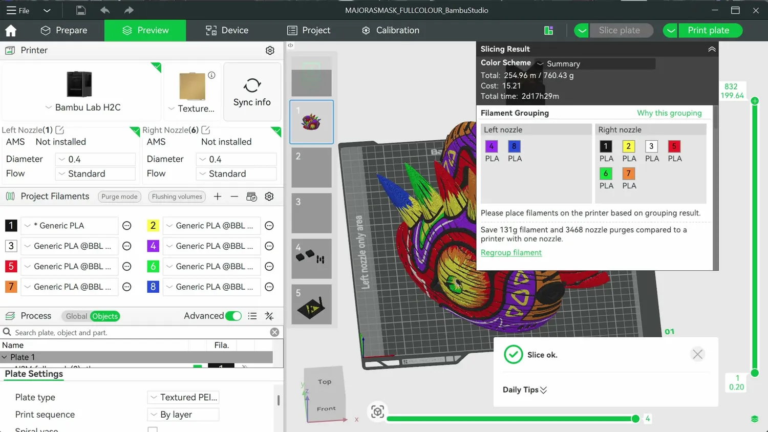 Bambu Studio showing the filament grouping for a multi-color print