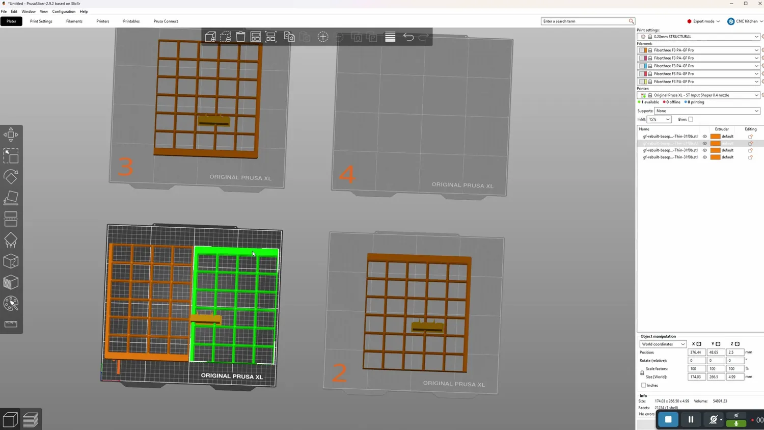 Gridfinity baseplate cut into four pieces in the slicer