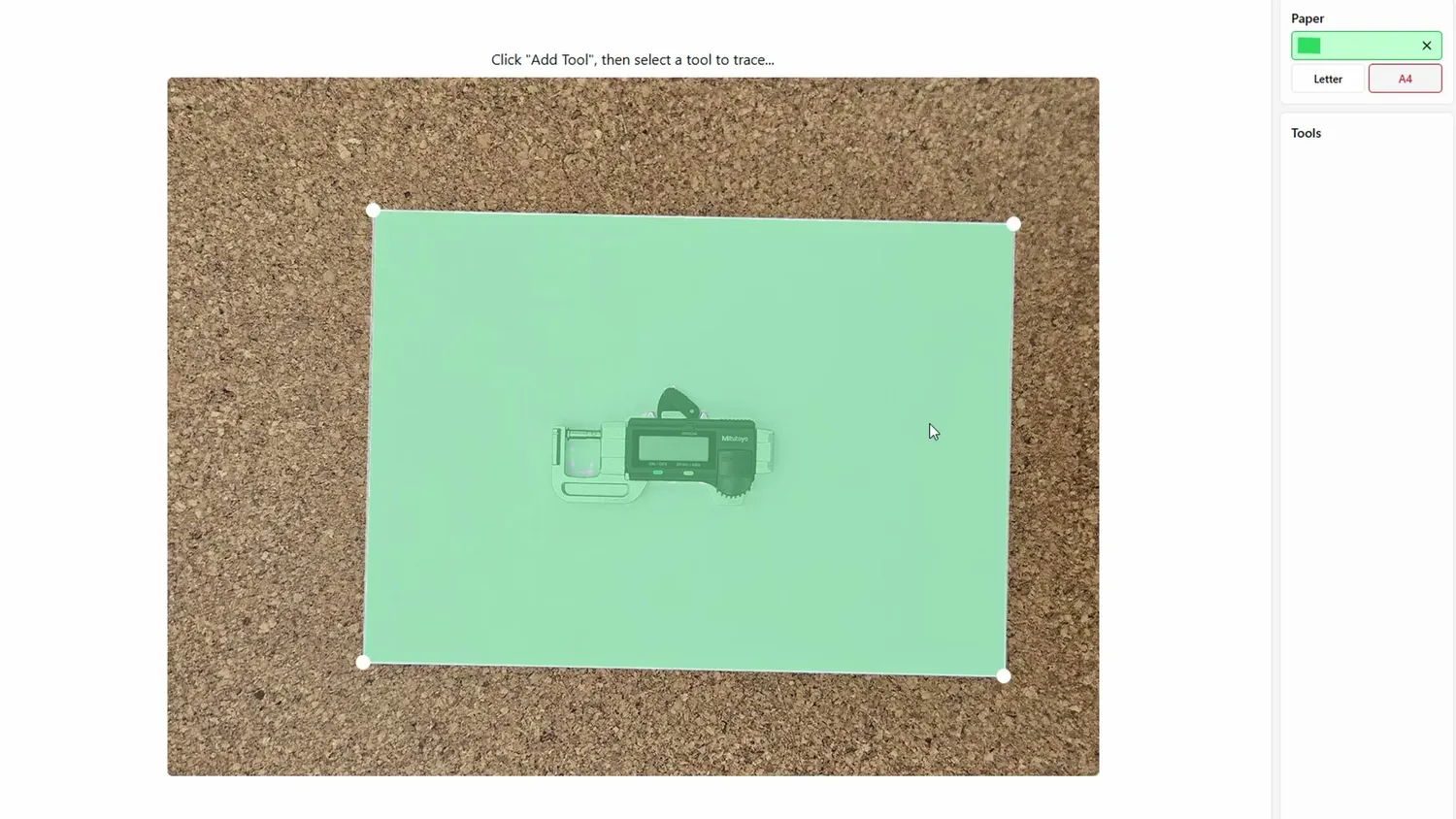 TooltraceAI editor with the A4 sheet detected around a micrometer