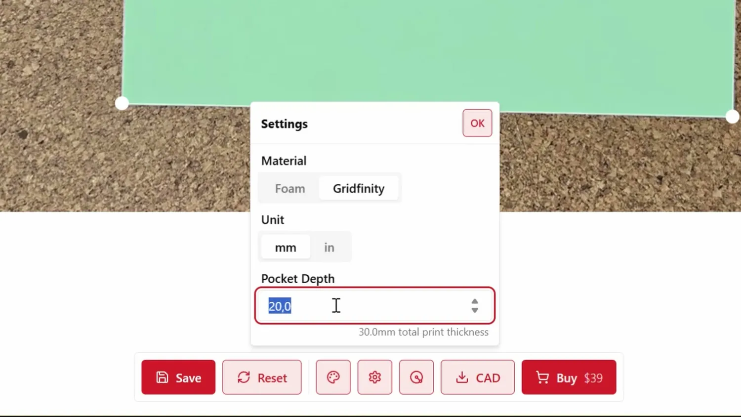 TooltraceAI settings with Gridfinity mode, millimeters and pocket depth