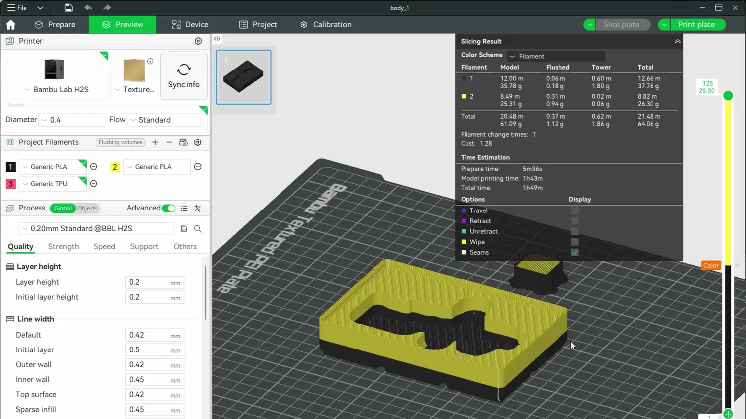 Sliced bin preview showing a single manual filament change