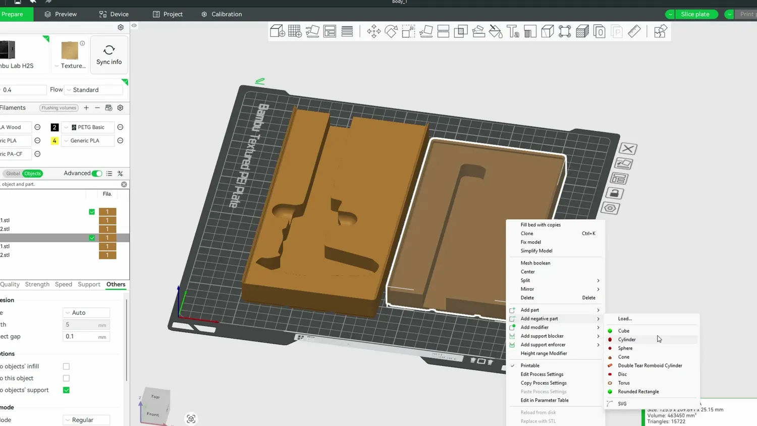 Large Gridfinity bin cut into two halves in the slicer