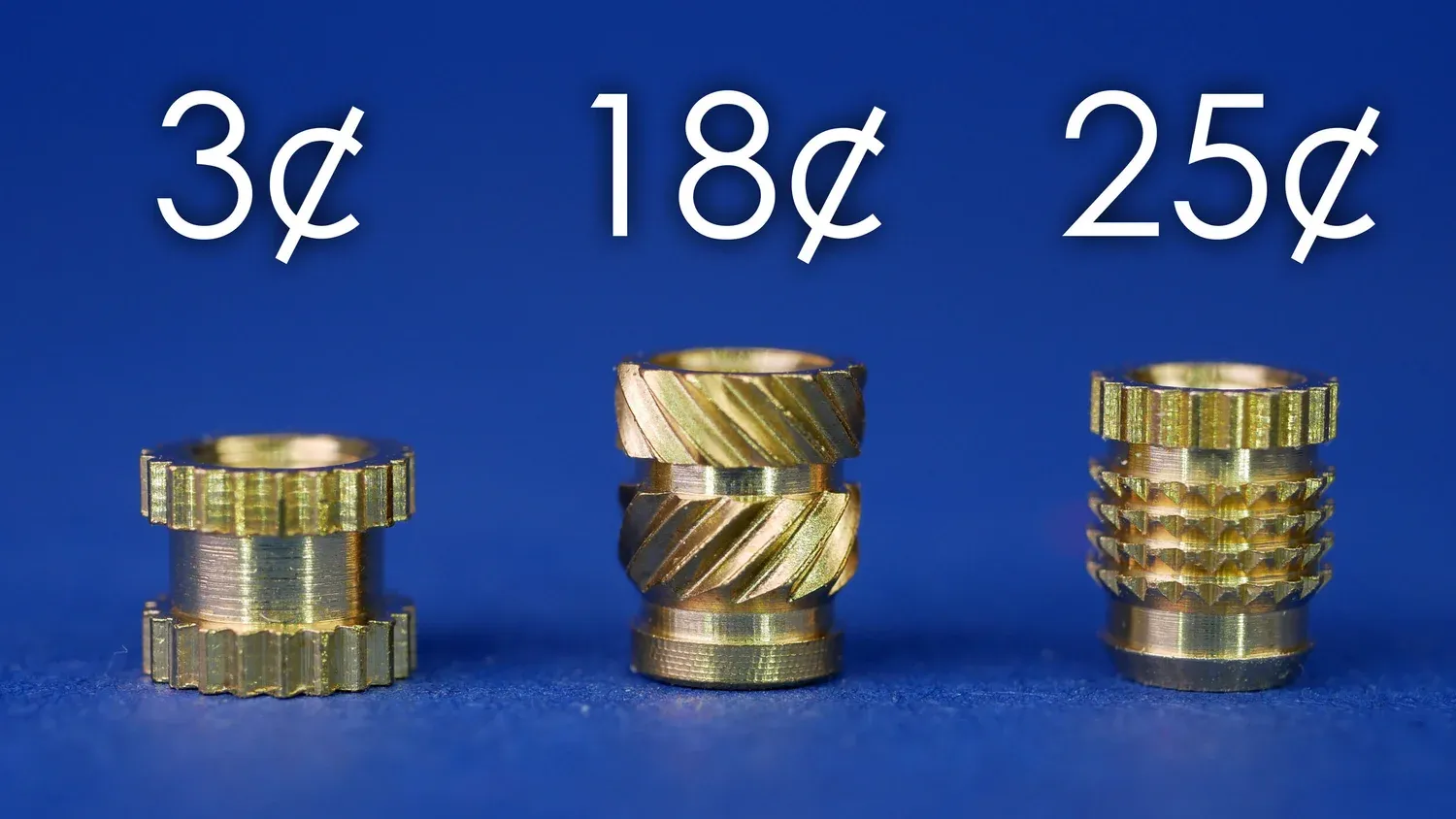 Three M3 heat-set inserts side by side, priced at 3, 18 and 25 cents