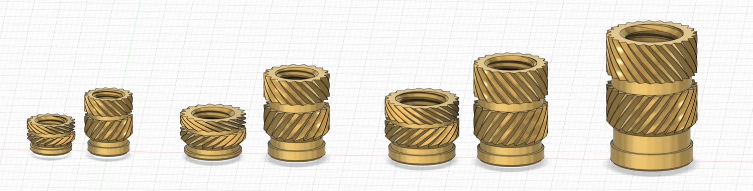 CAD-Modelle der gesamten Insert-Reihe, Standard und kurz, nach Größe aufgereiht