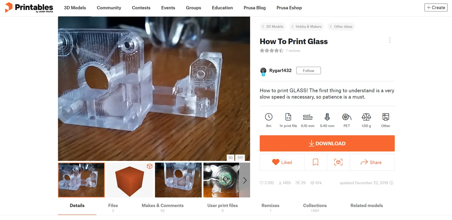 Rygar1432's How To Print Glass page on Printables, showing near-clear printed parts and the settings: 0.10 mm layers, 0.40 mm nozzle, PET