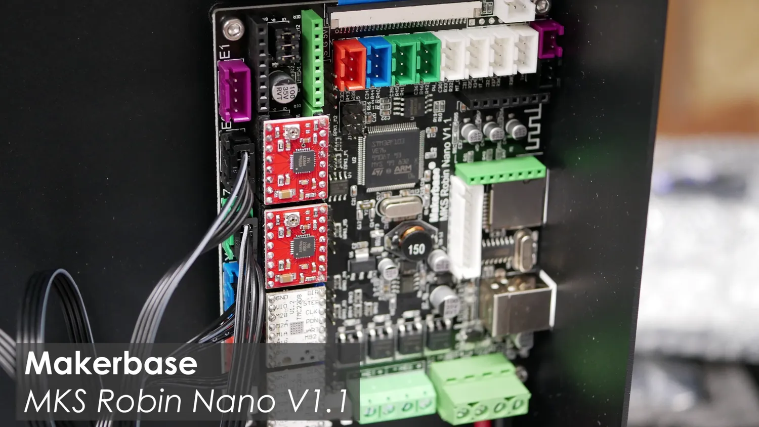 The Makerbase MKS Robin Nano V1.1 board, with two red Allegro drivers for extruder and Z and a TMC2208 below them