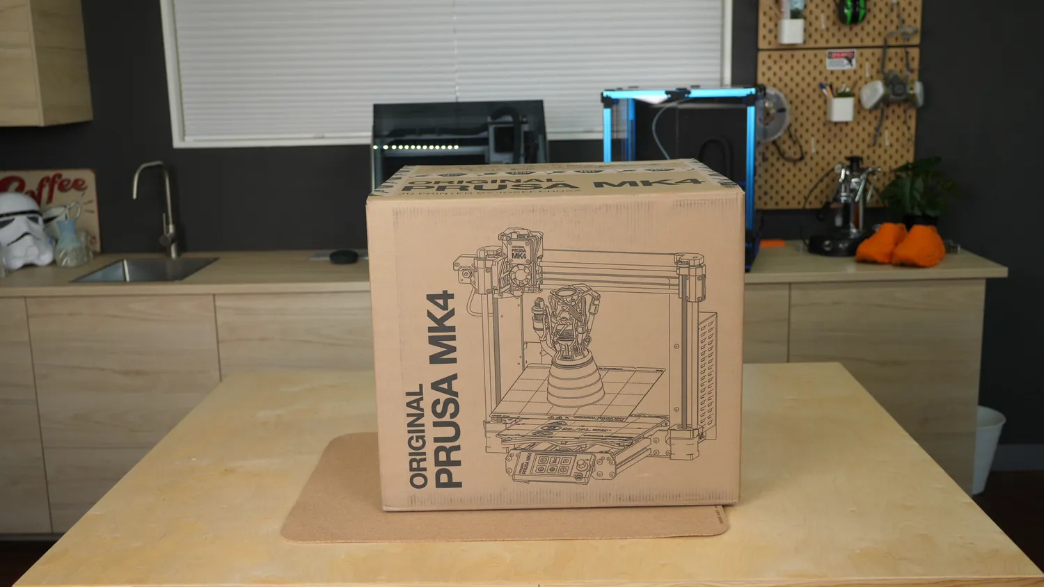 Sealed Original Prusa MK4 box on the kitchen table