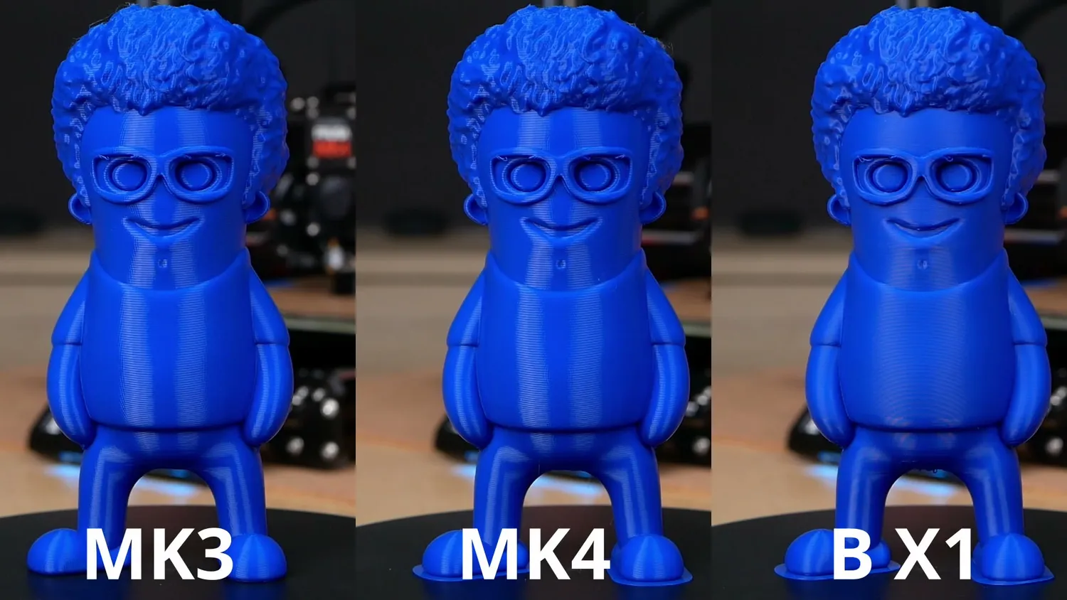 Same model printed on the Prusa MK3, MK4 and Bambu Lab X1